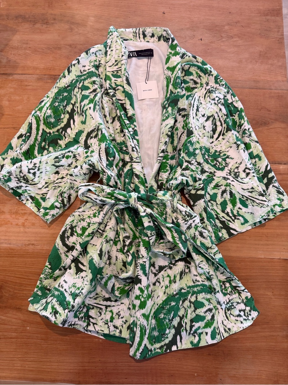 Zara Green White Linen Blend Printed Belted Kimono XS-S NWT